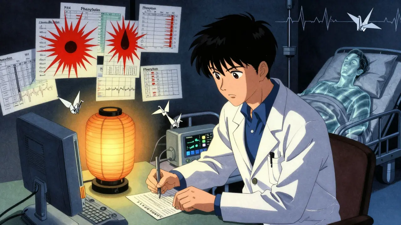 Neurologe schreibt Rezept unter laternenlicht, während Anfall-Daten und ECG-Kraniche um ihn schweben.