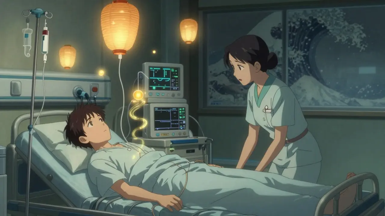 Patient auf Intensivstation mit Infusionen und schwebenden Elektrolyt-Ionen in einem ruhigen Krankenhauszimmer.