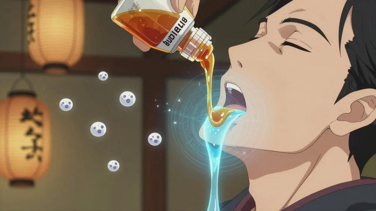 Patient schluckt therapeutische Slurry, die die Speiseröhre heilt, in sanftem, japanisch-animeischem Licht.