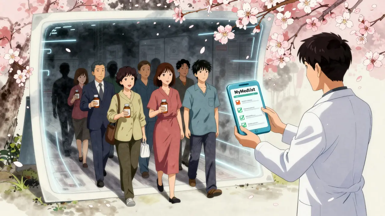 Patienten gehen durch ein Portal aus medizinischen Daten, während ein Arzt ihnen hilft, ihre Ergänzungsmittel sicher zu verwalten.