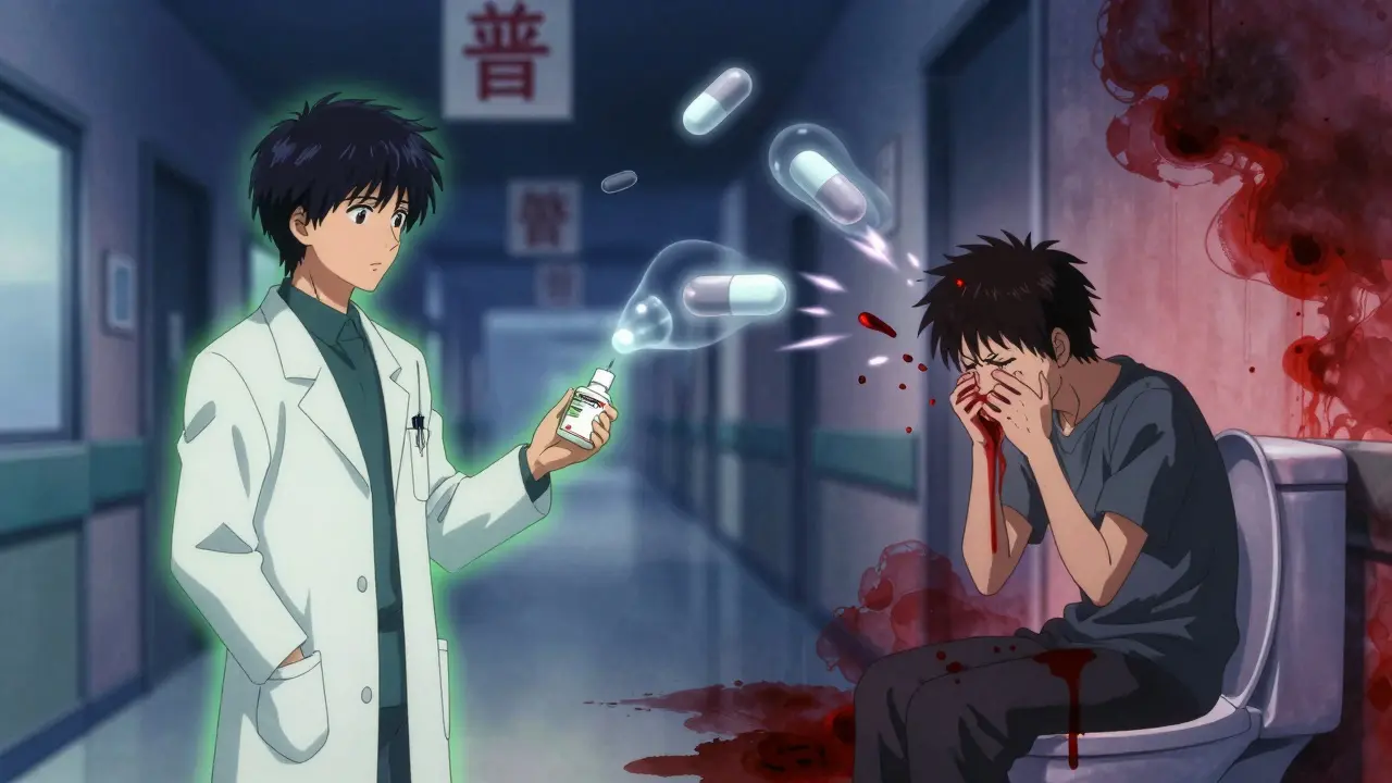 Split-Szene: Arzt verschreibt Paracetamol links, Patient blutet intern rechts, gefährliche Moleküle kämpfen in der Luft.