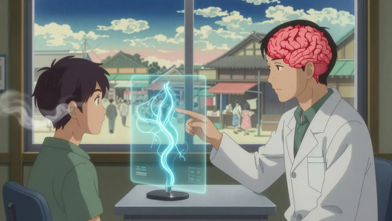 Therapiesitzung mit leisem Rauschen und sich beruhigenden neuronalen Pfaden im Gehirn, dargestellt als fließende Linien.