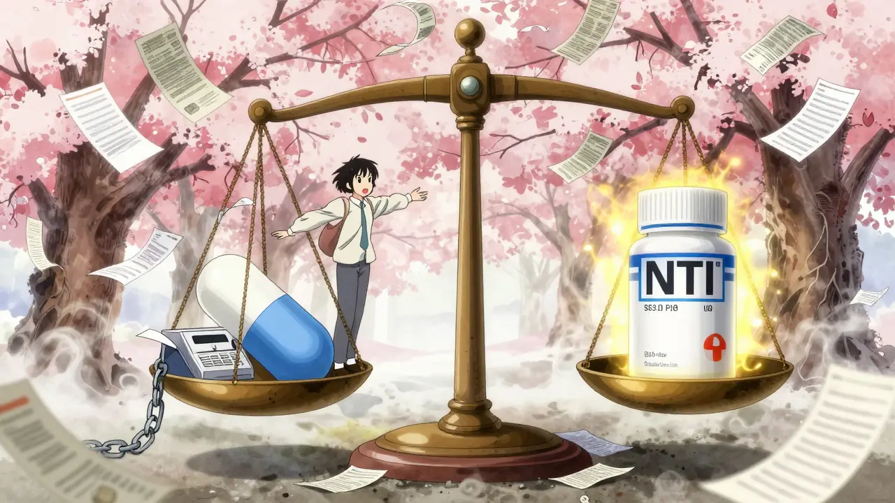 Waage mit Generikum und Markenmedikament, Patient steht an der Kante, Bürokratie-Scrolls fallen als Papierblätter.