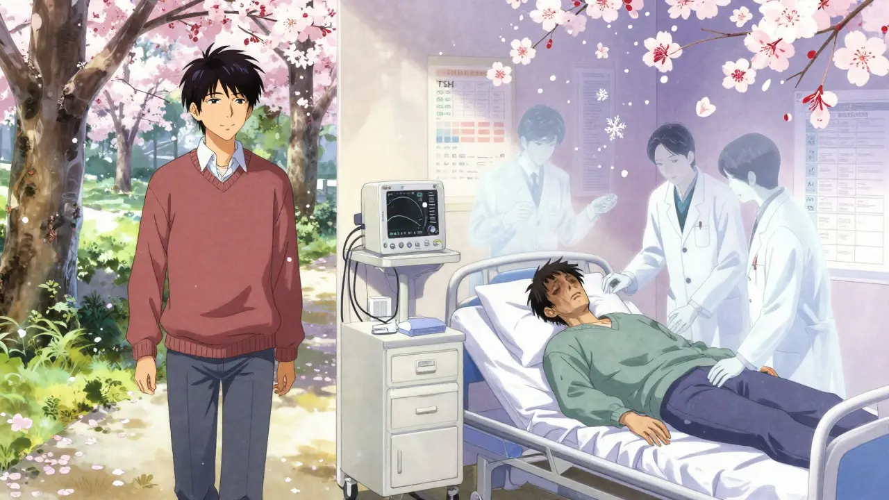 Zwei Szenen: Mann in drei Pullovern im Sonnenlicht und derselbe Mann krank im Krankenhaus, mit schwebenden Testergebnissen als Schneeflocken.