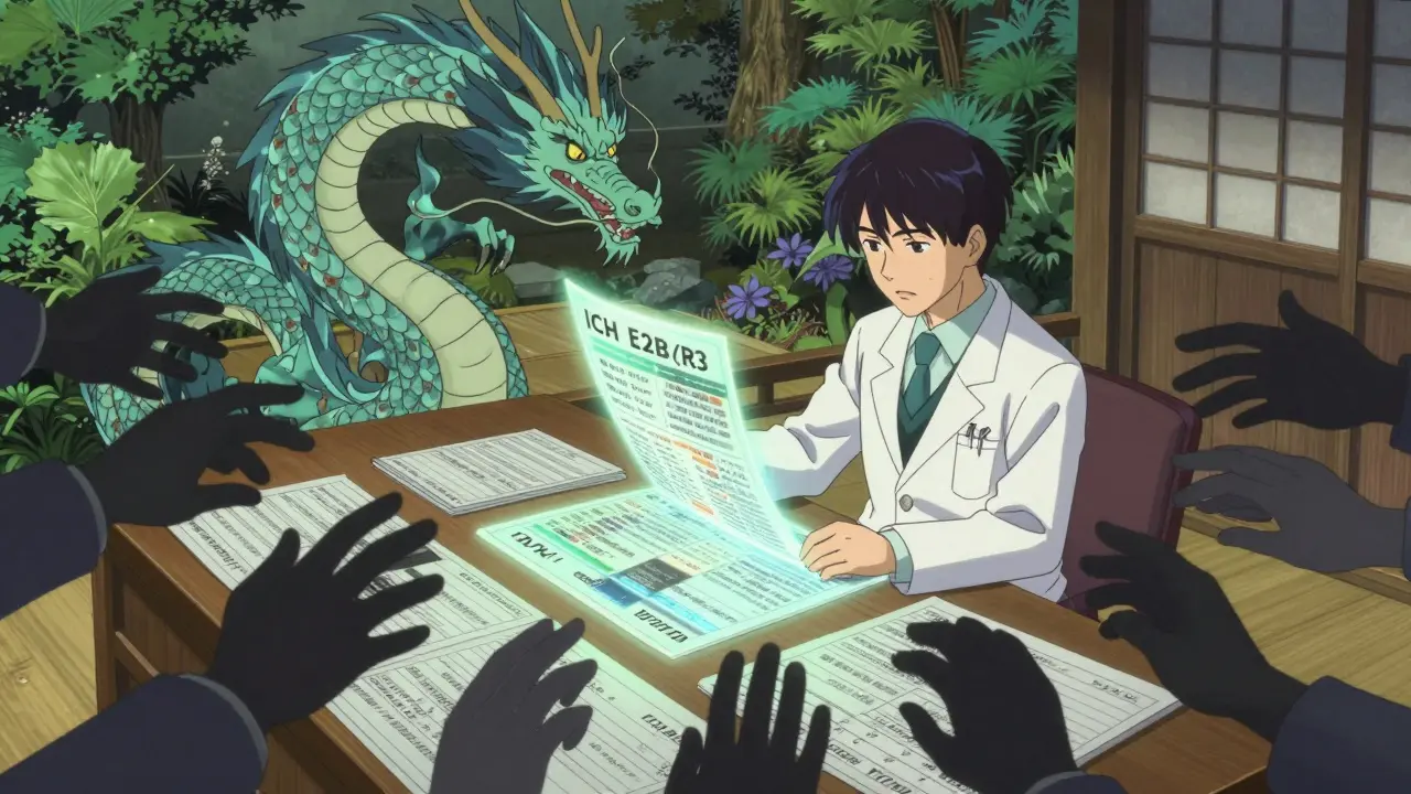 Apothekerin sortiert digitale Sicherheitsberichte in einem japanischen Garten, während KI-Drache die Daten analysiert.