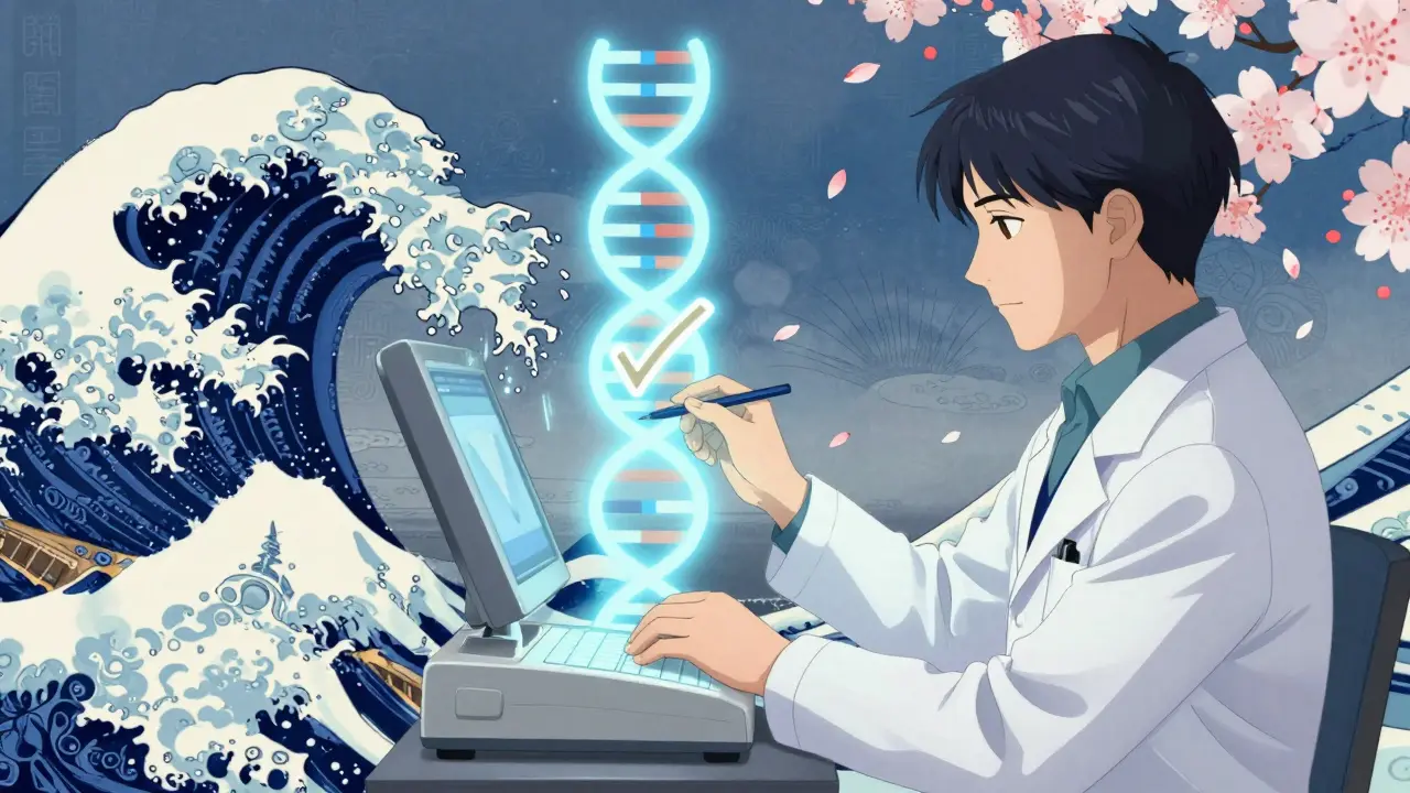 Arzt scannt DNA mit Glühgerät, Check-Symbol. Traditionelle Wellen und Kirschblüten.