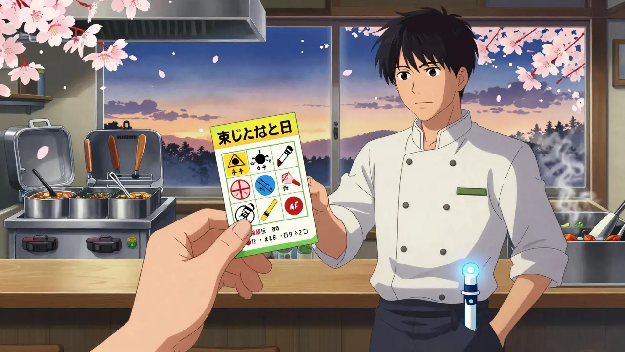 Diner übergibt Koch eine Allergiekarte, während separate Kochbereiche sicher und gefährlich dargestellt sind.