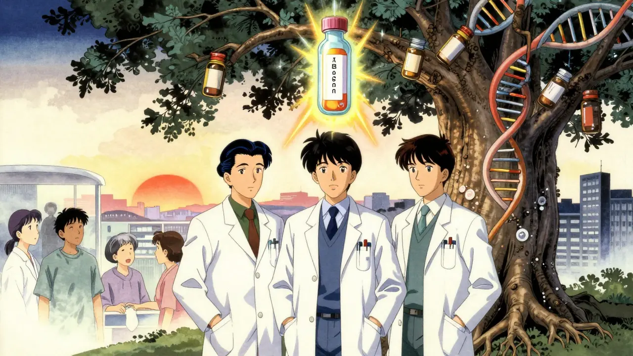 Drei medizinische Fachkräfte unter einem DNA-Baum, der personalisierte Medizin symbolisiert, mit einem genetischen Test, der Licht ausstrahlt.