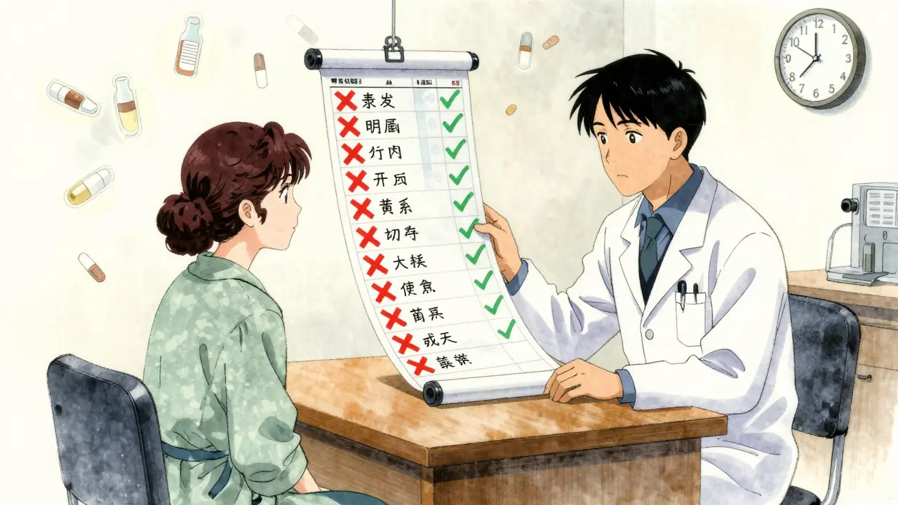 Ein Arzt und Patient betrachten gemeinsam ein medizinisches Formular mit genehmigten und abgelehnten Medikamenten.