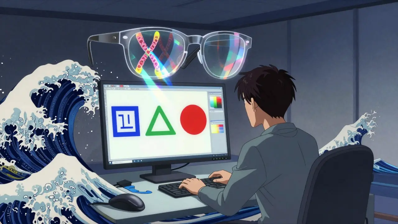 Ein Designer arbeitet mit Formensymbolen statt Farben, während eine Brille und X-Chromosomen als geisterhafte Formen schweben.