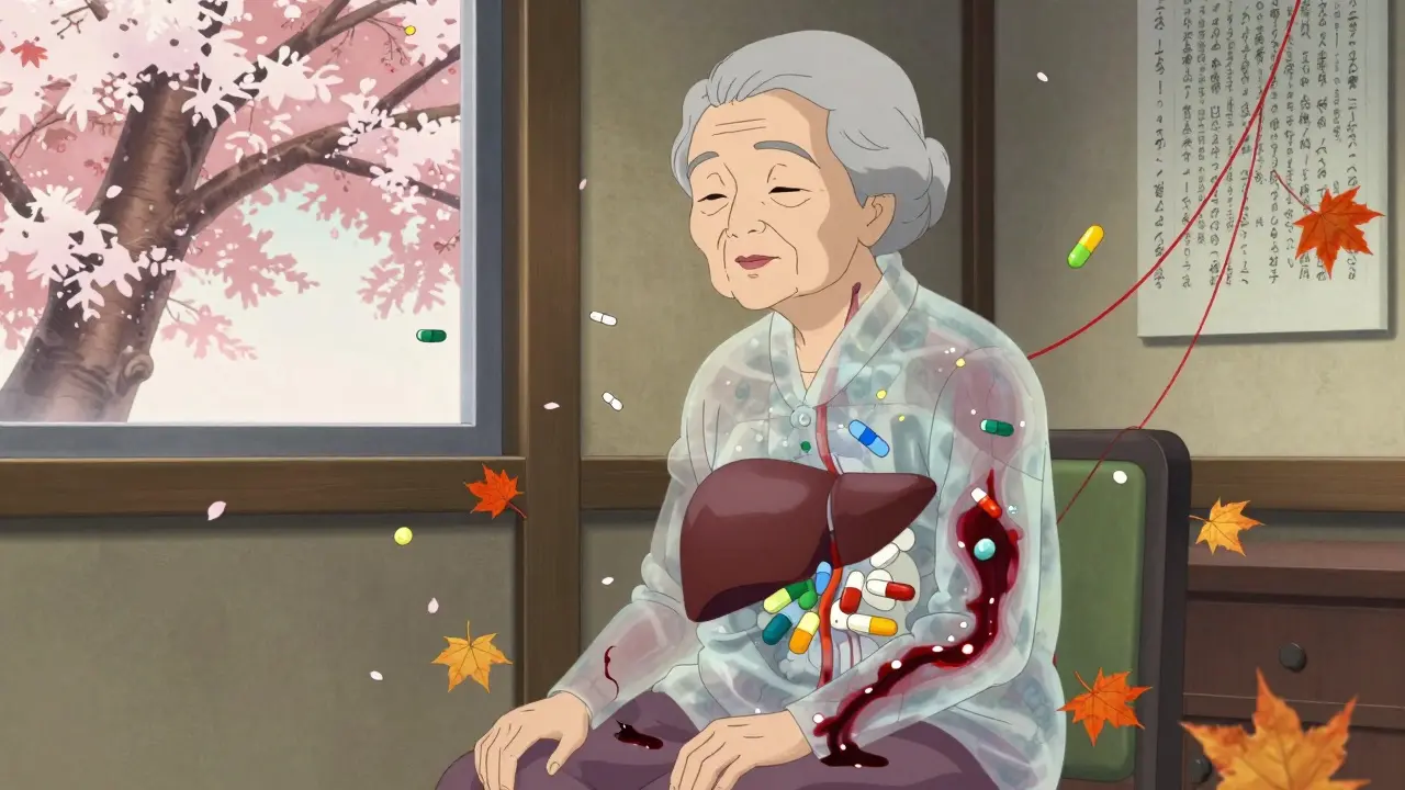 Eine ältere Frau mit schwebenden Medikamenten, deren Körper die verlangsamte Verstoffwechslung durch Alter und Fettansammlung visualisiert.