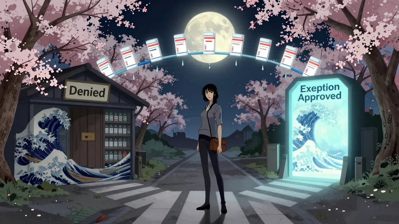 Eine Frau steht an einem Kreuzweg zwischen abgelehnter und genehmigter Medikamentenversorgung.