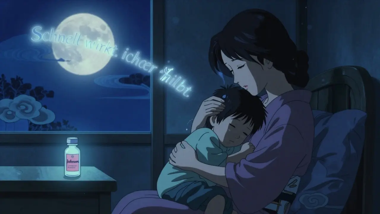 Eine Mutter beruhigt ihr krankes Kind, während eine Paracetamol-Flasche sanft im Mondlicht leuchtet.