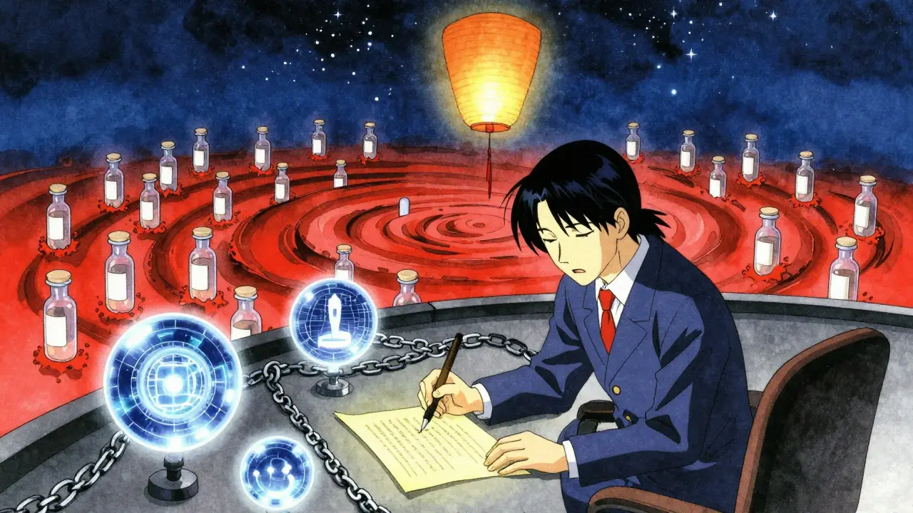 Eine QP unterschreibt eine elektronische Freigabe, während abgelehnte Chargen in einem Wirbel aus roter Tinte verschwinden.