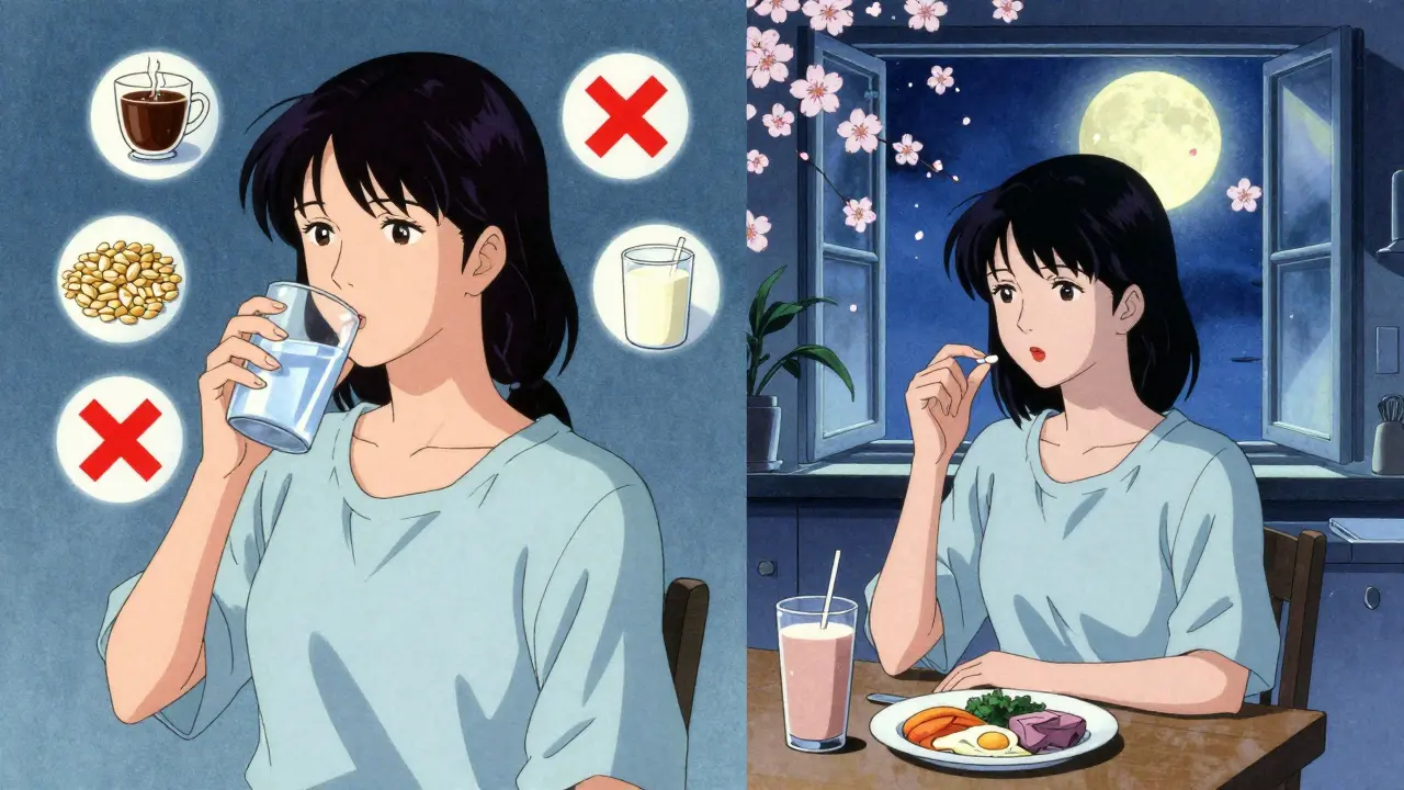 Frau nimmt abends Levothyroxin ein, Protein-Shake steht sicher auf der Küchenbank unter Mondlicht.