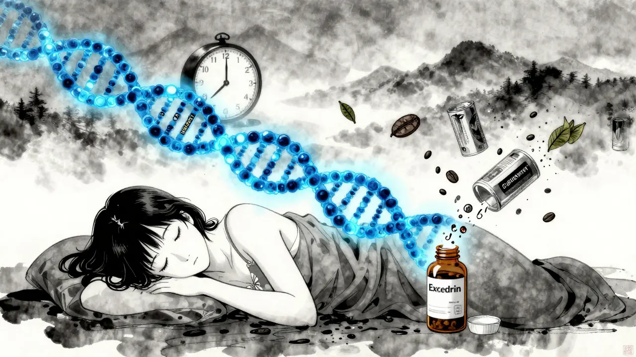 Genetische Helix mit Koffein-Metabolismus, Medikamente und Getränke als schwebende Symbole über einem schlafenden Menschen.