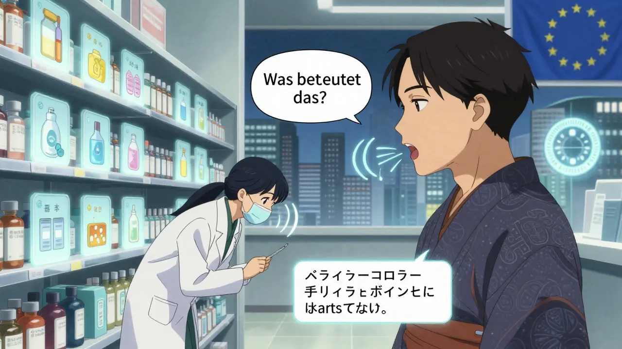 Holographische Medikamenten-Etiketten mit Piktogrammen und KI-Übersetzern in einer modernen Apotheke.