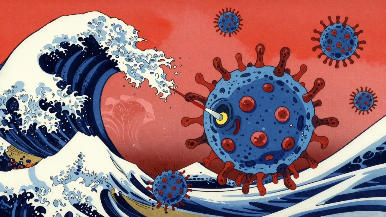 Krebszelle, von Antikörper-Biosimilaren angegriffen, mit Wellenmuster-Hintergrund