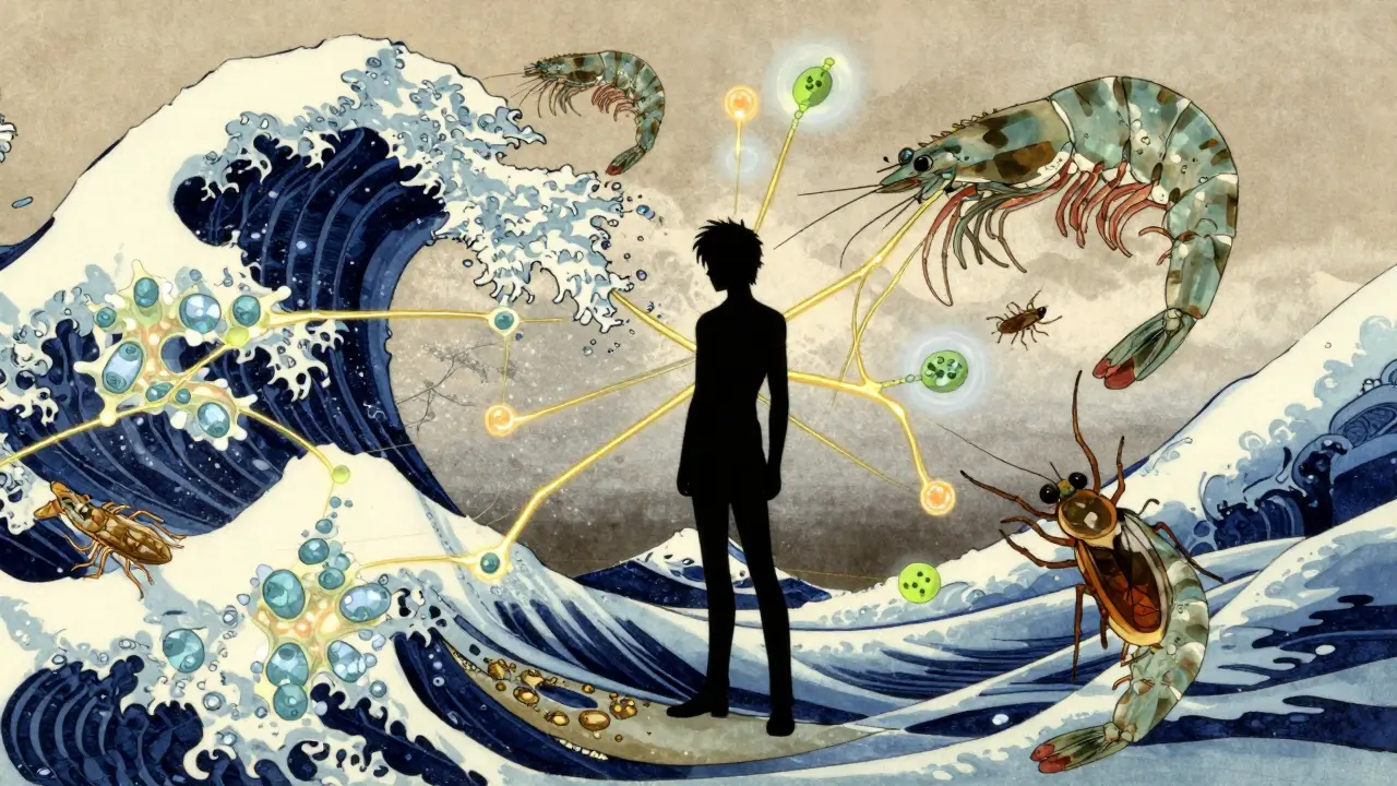 Mikroskopische Ansicht von Tropomyosin-Proteinen in Garnelen, Hausstaubmilben und Kakerlaken, verbunden durch Antikörper.