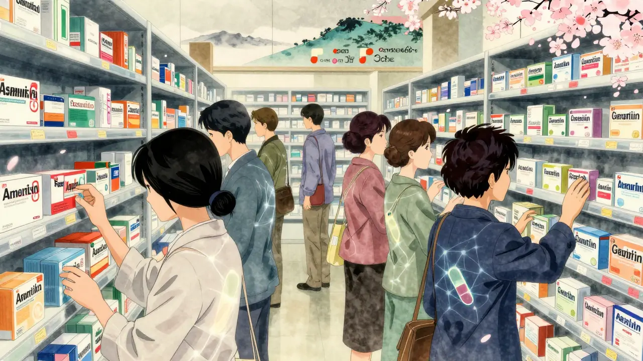 Patienten greifen in der Apotheke instinktiv zu bekannten Markenmedikamenten, während neuronale Verbindungen sichtbar werden.