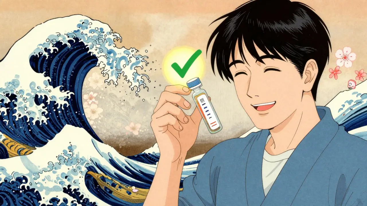 Person nimmt Penicillin nach negativem Test, lächelnd. Japanische Landschaft mit Kirschblüten.