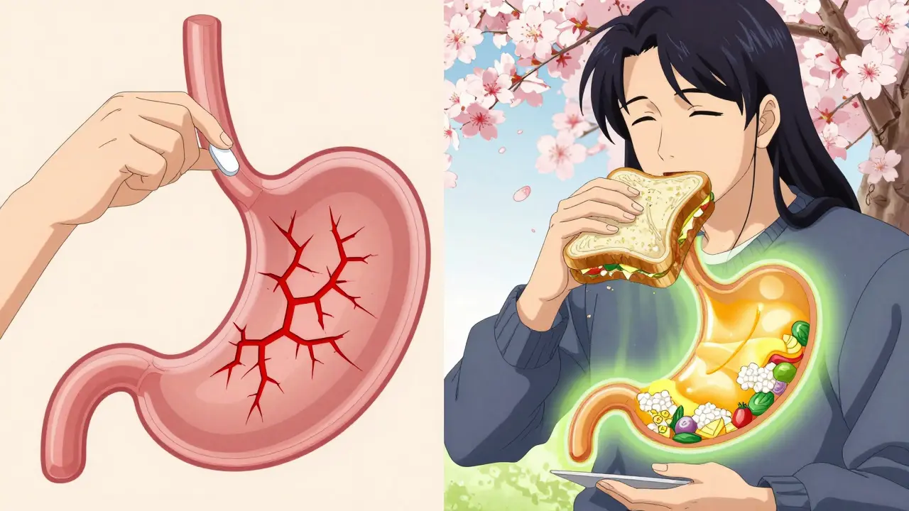 Split-Szene: Medikament auf leeren Magen schädigt die Magenschleimhaut vs. Schutz durch Essen.