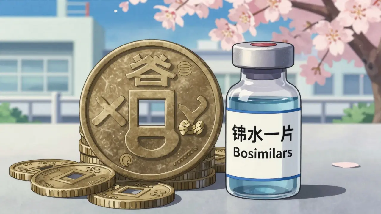 Traditionelle japanische Münzenform neben Medikamentenvial