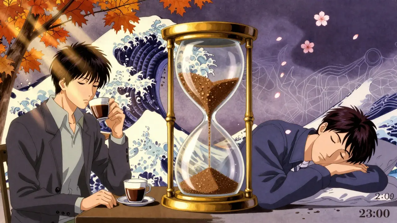 Zwei Szenen: Kaffee trinken um 14:12 und friedlich schlafen um 23:00, getrennt durch eine Sanduhr.