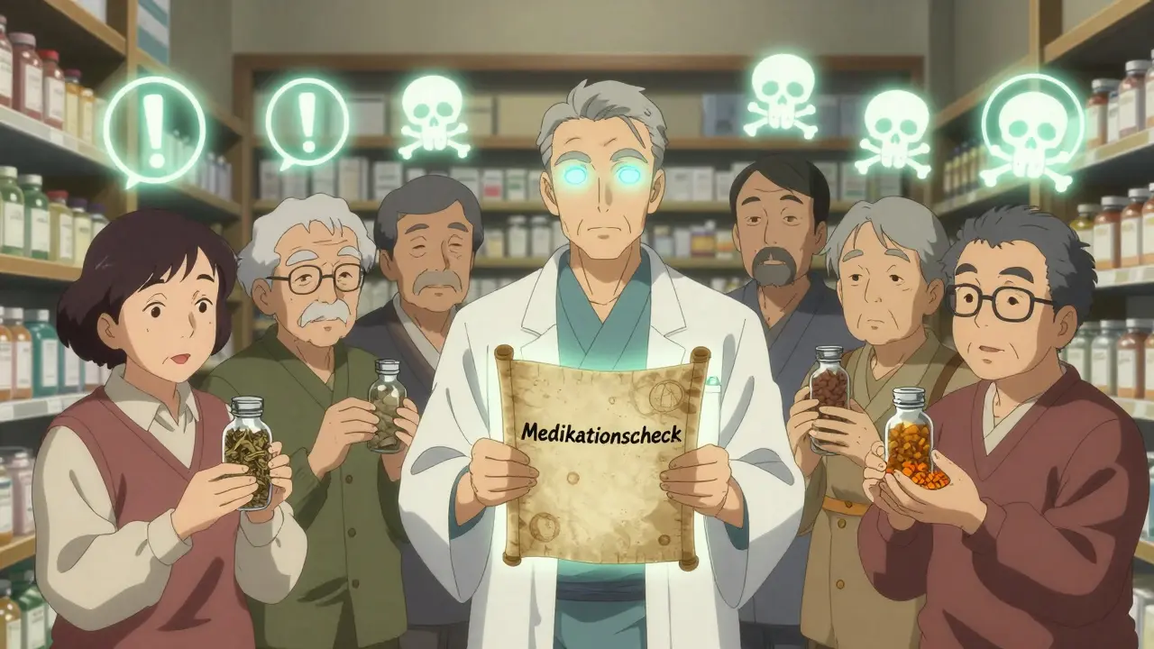 Ältere Menschen mit Kräutern, über ihnen schwebende Warnsymbole, Apotheker hält eine magische Medikamentenliste.