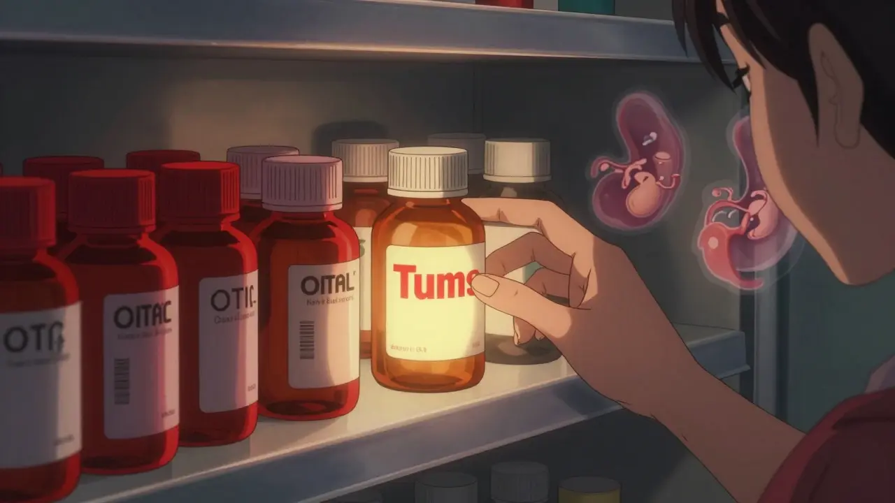 Apothekenregal mit nur einer sicheren Medizin, die leuchtet, während andere in Schatten liegen.