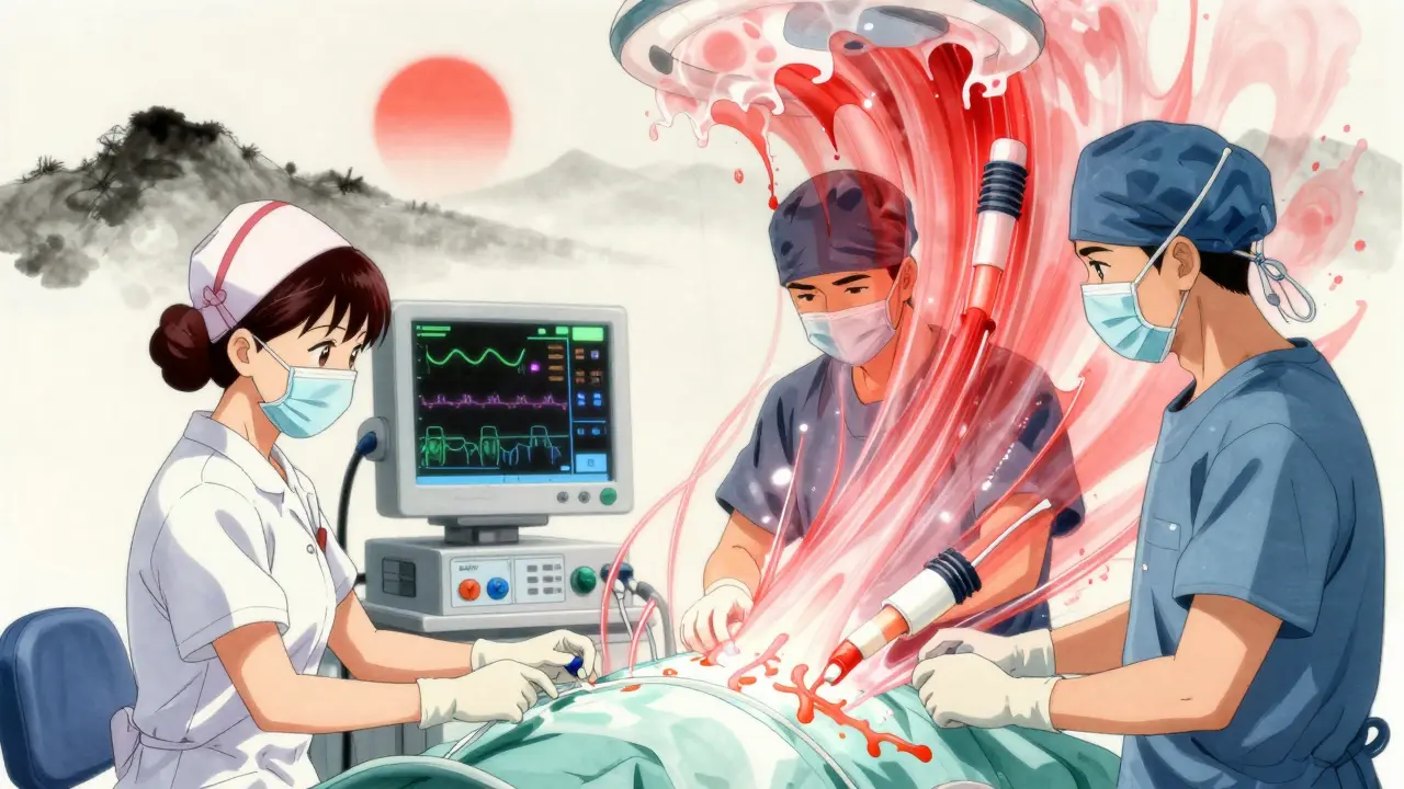 Chirurgen und Pflegepersonal während einer Operation, unterstützt von energetischen Schmerzlindern.