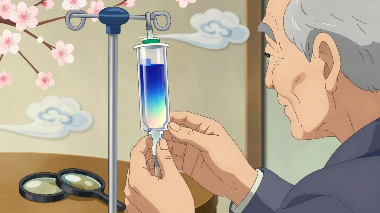 Ein älterer Mensch beobachtet einen farbwechselnden Tropfer bei der Medikamentengabe.