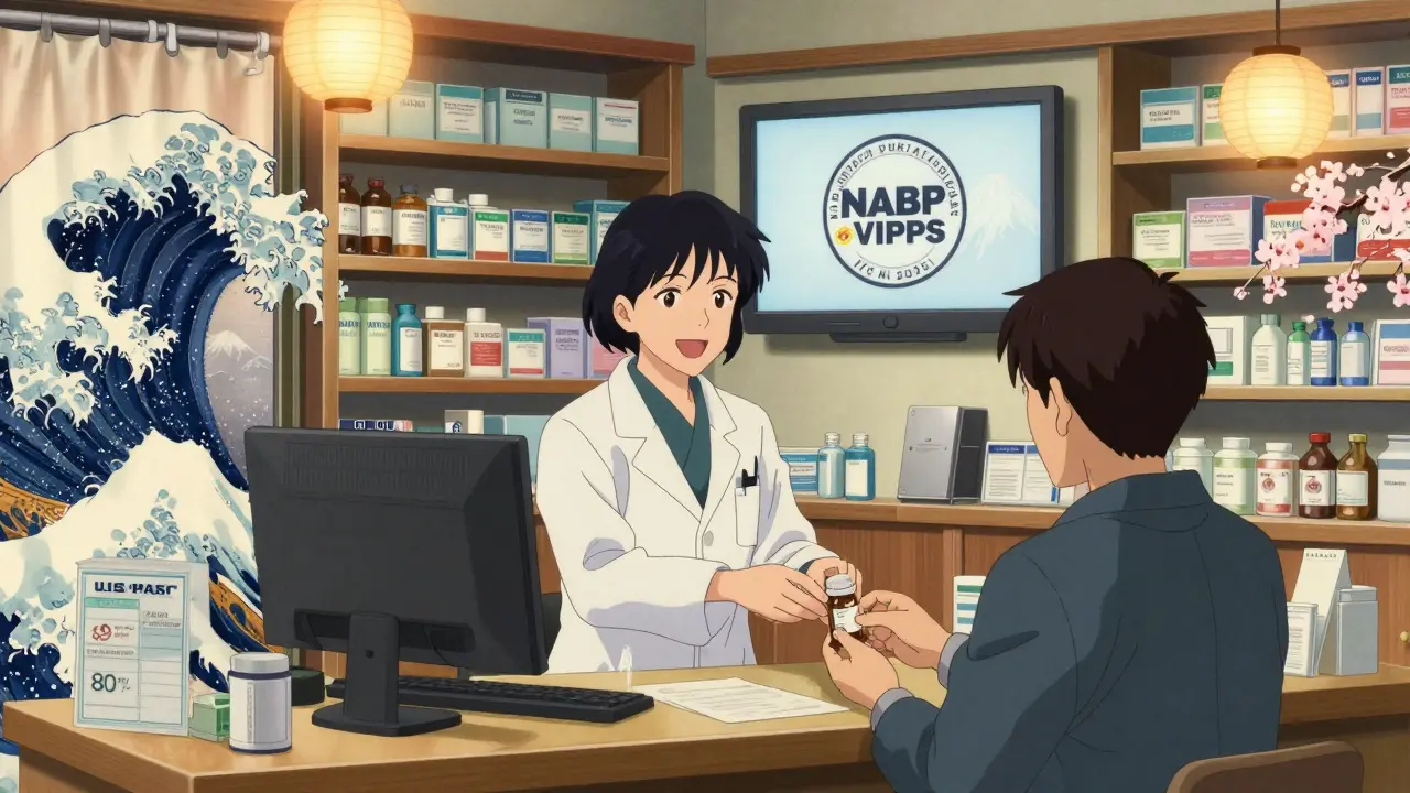 Ein Apotheker in traditionellem Stil reicht einem Patienten ein Medikament in einer kanadischen Apotheke, mit NABP-Zertifikat und Kirschblüten im Hintergrund.