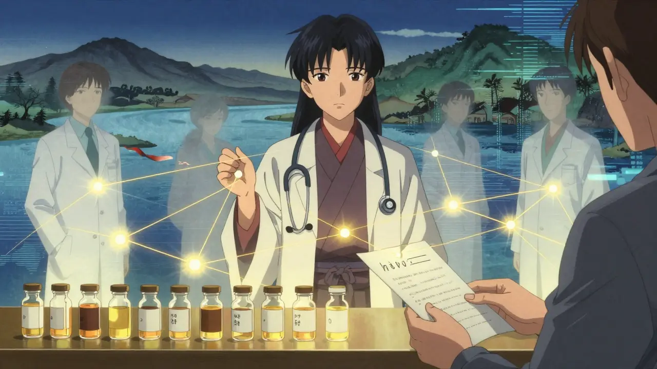 Ein Apotheker steht hinter einer Theke, deren Medikamente durch goldene Fäden mit entfernten Ärzten verbunden sind, während ein Bruch in der Verbindung sichtbar ist.