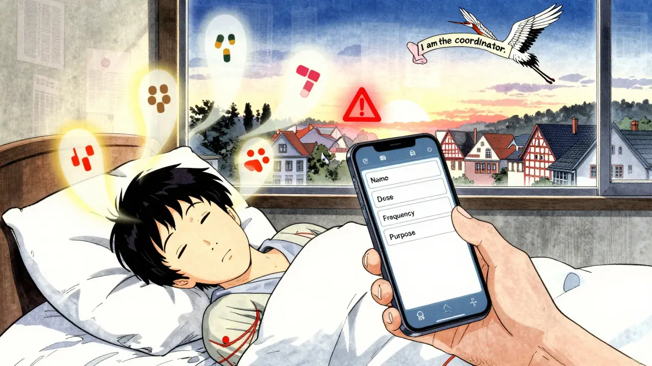 Ein Patient schläft, während schwebende Medikamente über ihm schweben, eine Hand hält ein Smartphone mit einer klaren Medikationsliste, ein Kranich trägt ein Band mit 'Ich bin der Koordinator'.