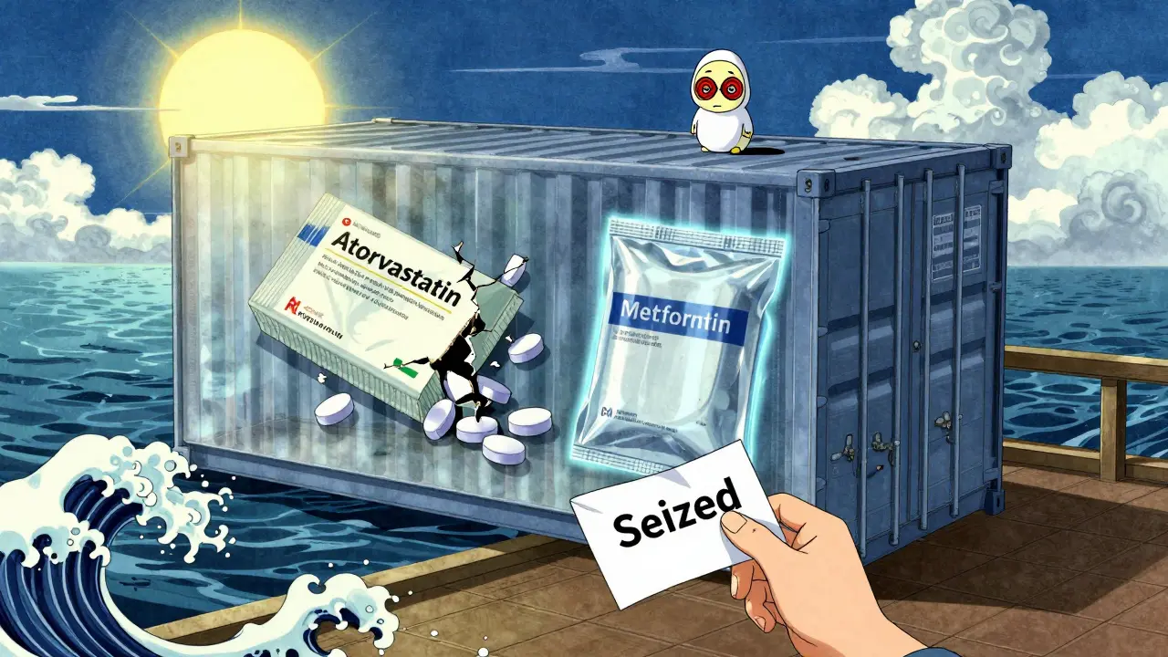 Ein verschifftes Medikamentenpaket wird von Sonne beschädigt, während ein anderes in kühlem Licht sicher verpackt ist, umgeben von ukiyo-e-Wolken und Wellen.