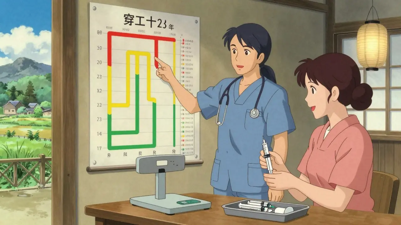 Eine Pflegekraft zeigt einer Mutter eine farblich codierte Dosierhilfe an der Wand.