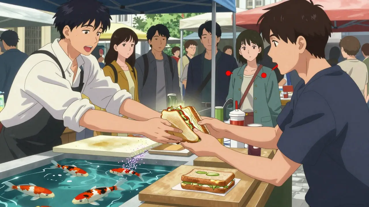 Food-Verkäufer reicht Sandwich mit kontaminierten Händen, Viren verbreiten sich unbemerkt.