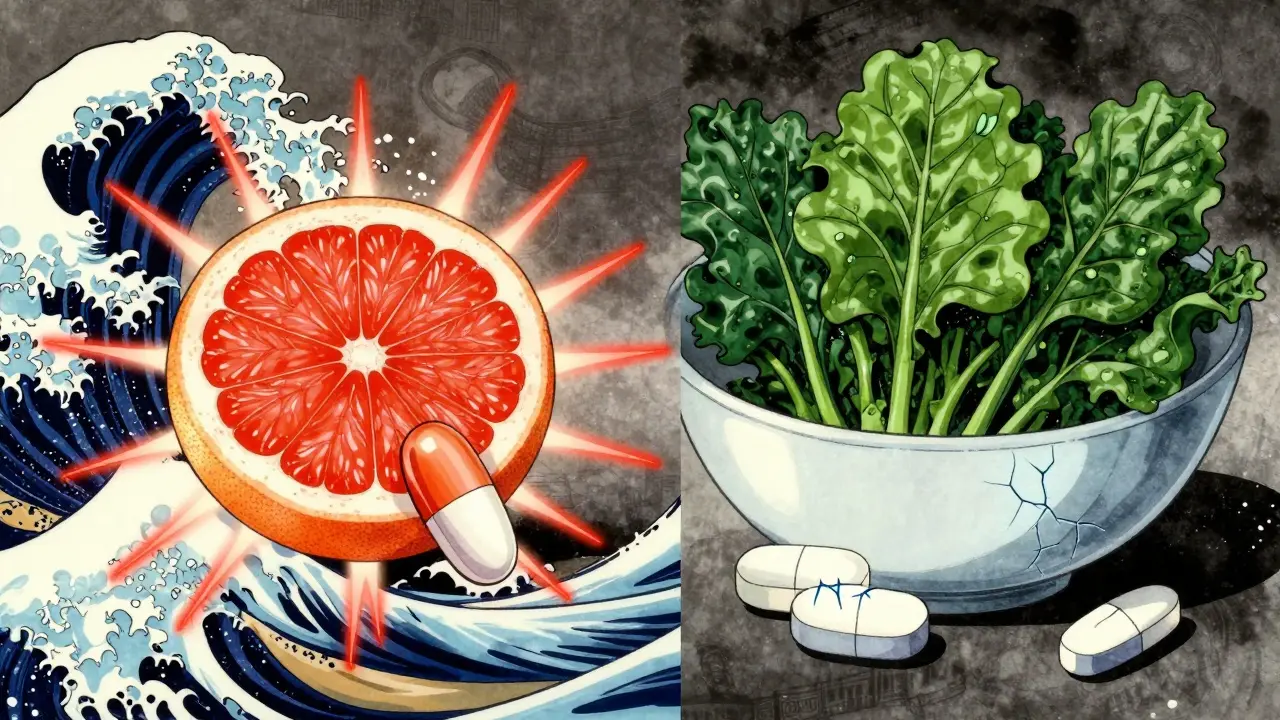 Grapefruit und Spinat neben Medikamenten mit warnenden Lichtstrahlen, symbolisieren gefährliche Wechselwirkungen.