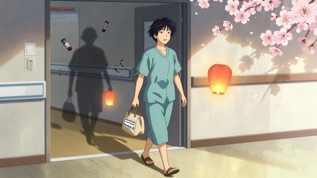 Patient verlässt das Krankenhaus, während Opioid-Flaschen zu Asche zerfallen, symbolisierend ohne Opioide genesen.