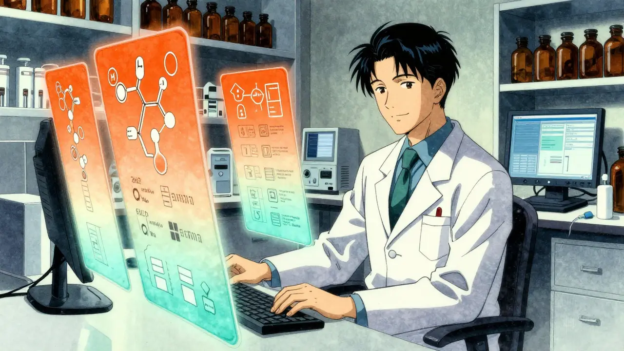 Pharmazeut nutzt abstrakte Datenvisualisierung zur Qualitätskontrolle.