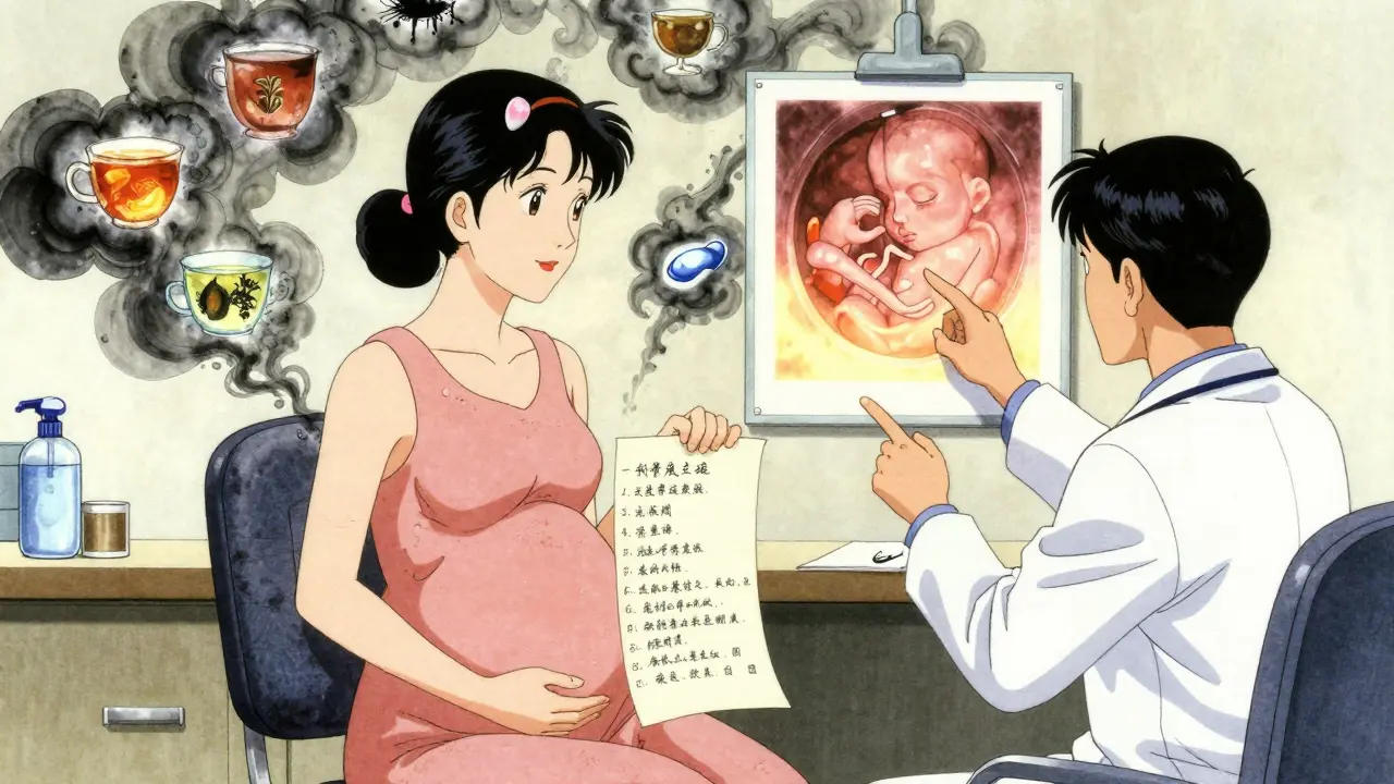 Schwangere Frau mit Medikamentenliste beim Arzt, gefährliche Substanzen lösen sich in Nebel auf.