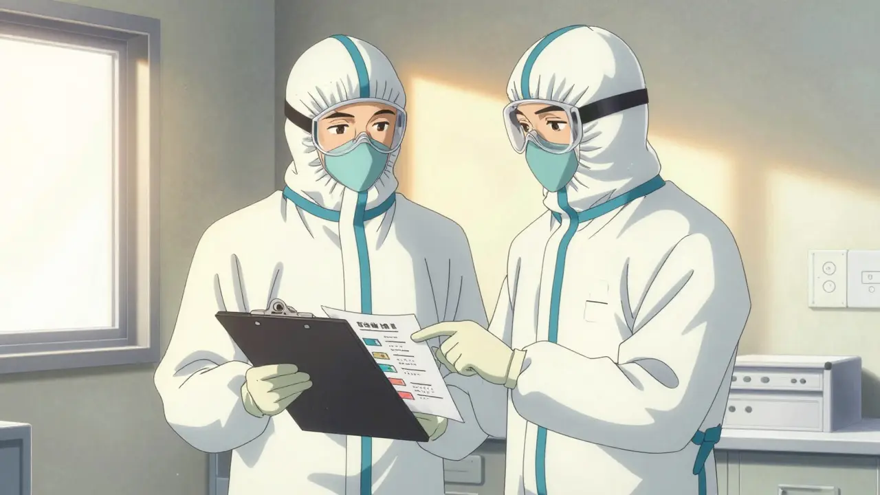 Zwei Fachkräfte in Schutzkleidung überprüfen Arbeitsunterlagen im Reinraum.