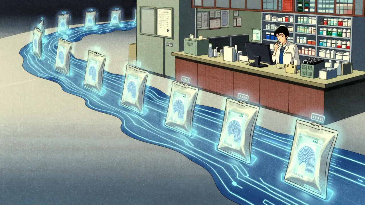 Digitale Verfolgung von Medikamentenpackungen mit leuchtenden Seriennummern.