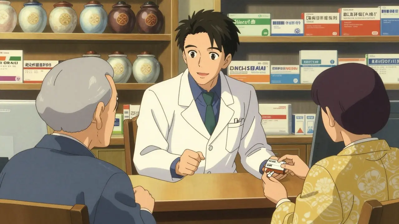 Ein Apotheker erklärt einer älteren Person freundlich die Unterschiede bei Medikamenten.