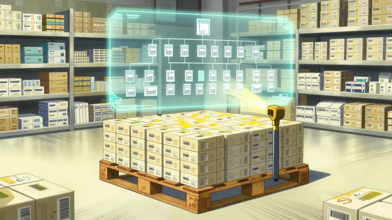 Ein Medikamentenpallet mit einem darüber schwebenden digitalen Netzwerk aus Codes.