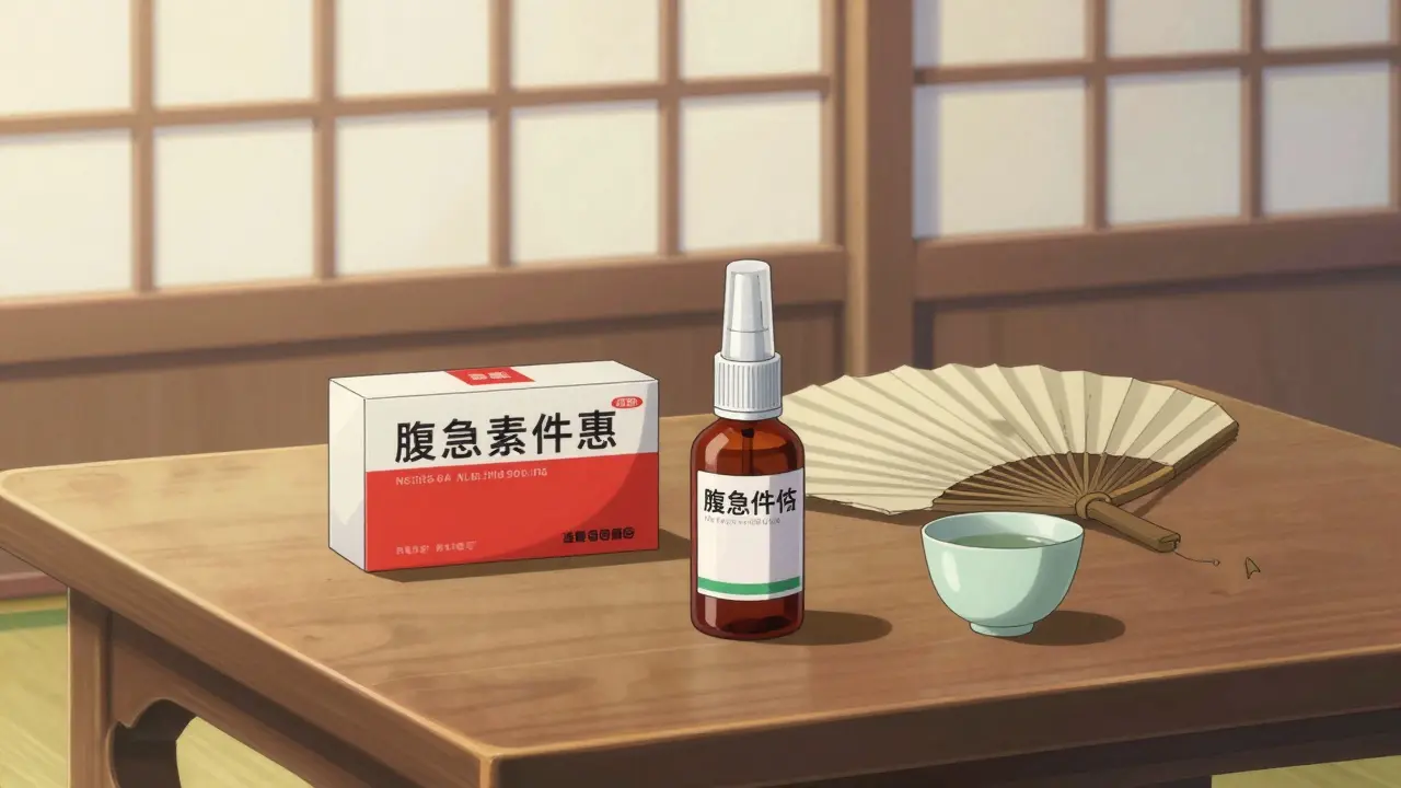 Ein Notfall-Set mit Medikamenten auf einem japanischen Holztisch im Ukiyo-e Anime-Stil.