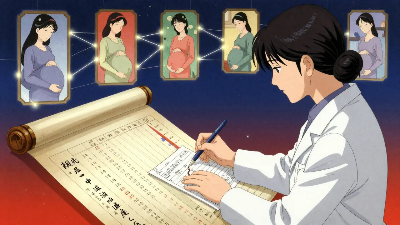 Forscher dokumentiert Daten von schwangeren Frauen auf einer traditionellen Schriftrolle.