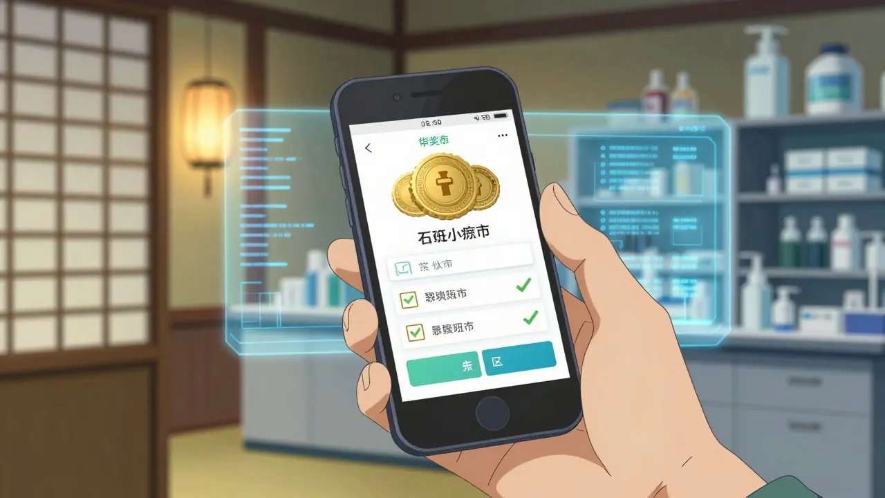 Hand mit Smartphone, das eine zertifizierte Online-Apotheke im Ukiyo-e-Anime-Stil zeigt.