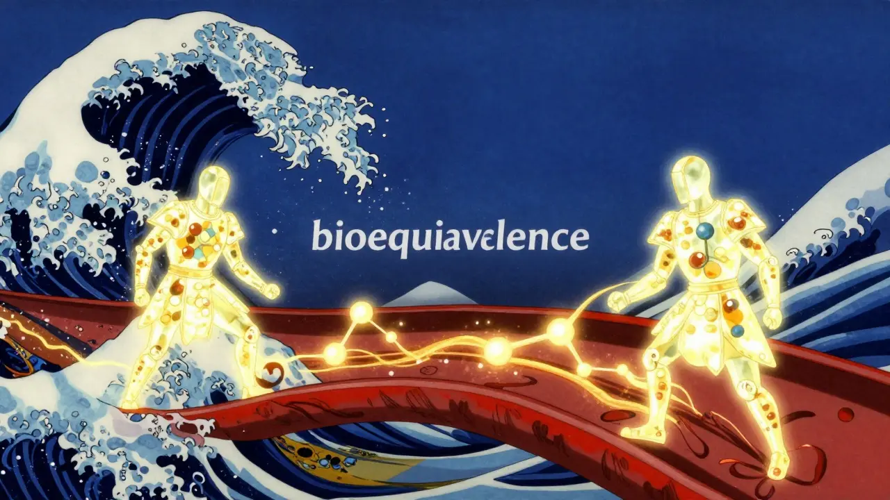 Konzeptuelle Darstellung identischer Wirkstoffe in einem stilisierten Blutstrom.